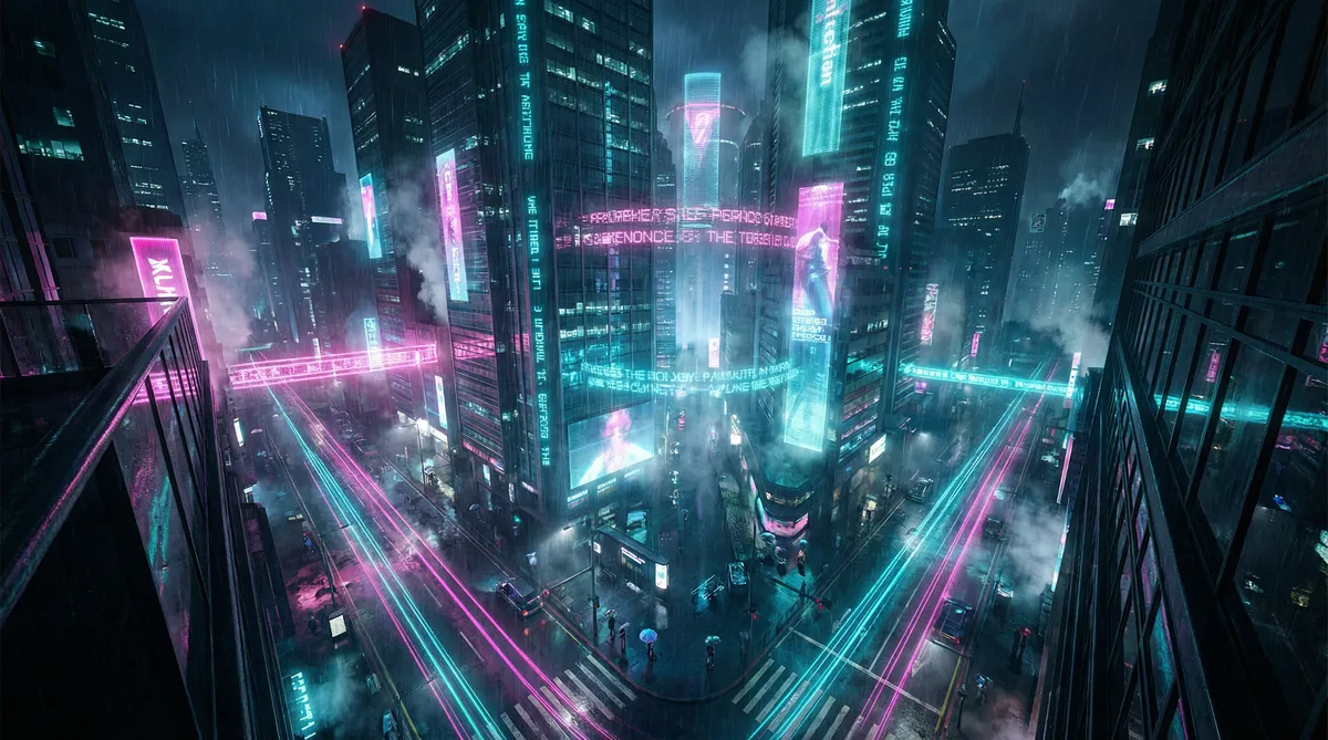 快播论理片 竖屏短剧平台首页背景 - 赛博朋克都市夜景
